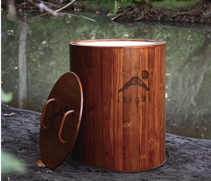 IKIGAI handcrafted ice bath from Jepara teak with engraved logo detail, part of the custom ice bath collection for villas, hotels, and wellness spaces in bali.