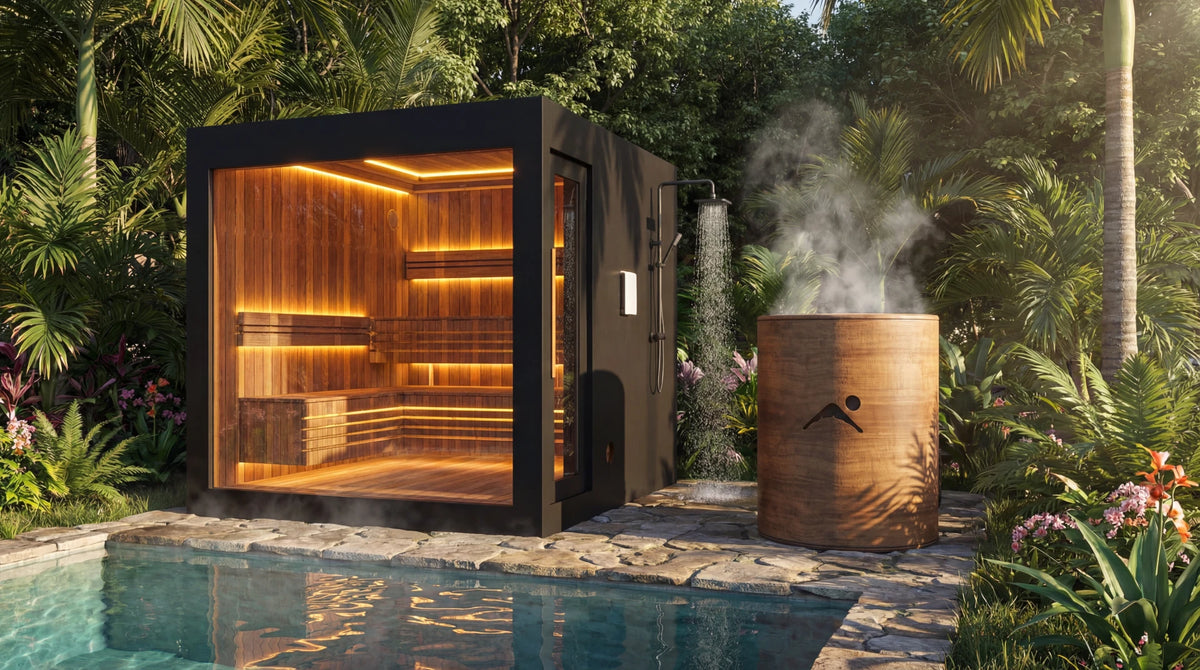 Custom teak sauna Indonesia with glass front, warm lighting, and premium wood finish.