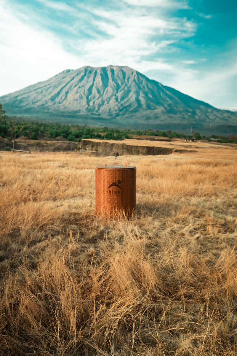 Ice bath barrel Bali placed in a tropical garden for outdoor wellness recovery
