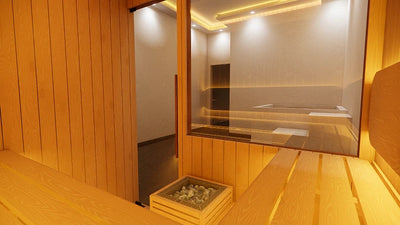 Recovery circuit Indonesia sauna interior with teak benches and warm ambient lighting.